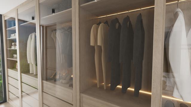 Suite de lujo con vestidor integrado y relieve floral escultural